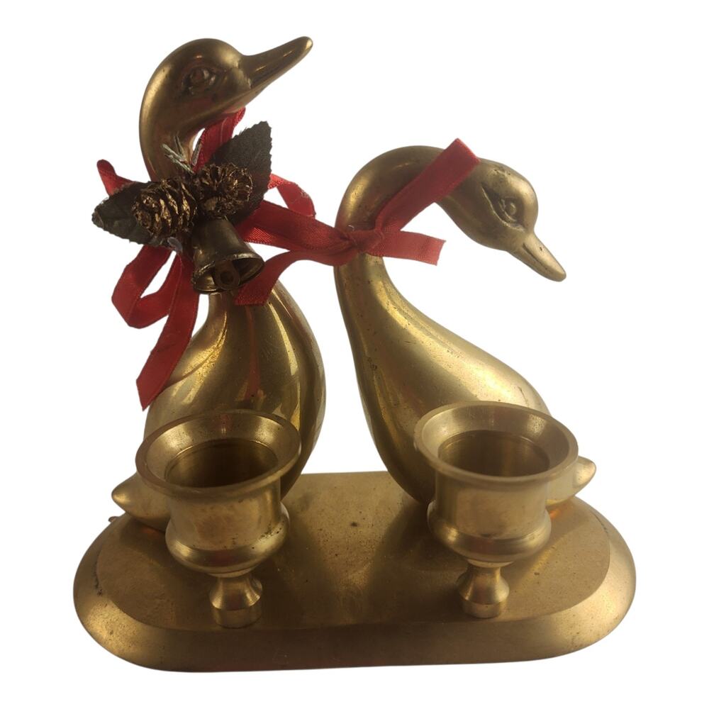 Vintage Solid Brass Pair of Geese Candle Holders Christmas/Cottage/Grandmacore